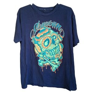 Slowdown Double sided Graphic SS Tee‎ Large Sugar Skull Navy Gildan Tag EUC
